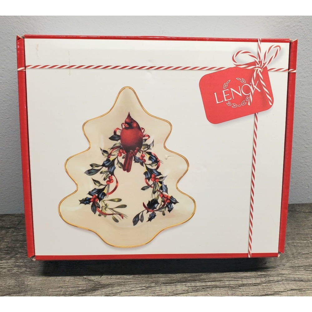 Lenox Winter Greetings Tree Shaped Candy Dish Server with Box Cardinal NEW